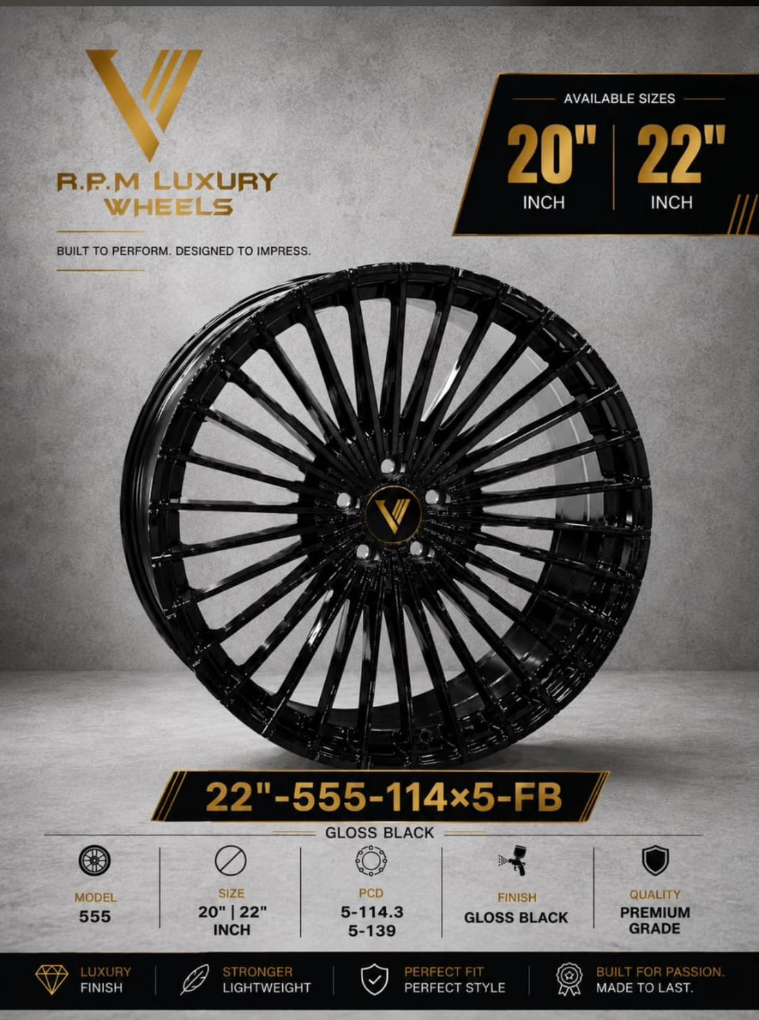 RPM Luxury Wheels Model 555 Alloy Wheels 20 Inch Gloss Black